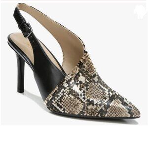 FOWT Black Snakeskin Patchwork Slingback Buckle Strap Black Pumps